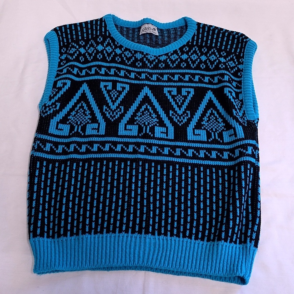 Vintage Gillor Sweater Vest Womens M Blue Black Geometric Knit Made in USA